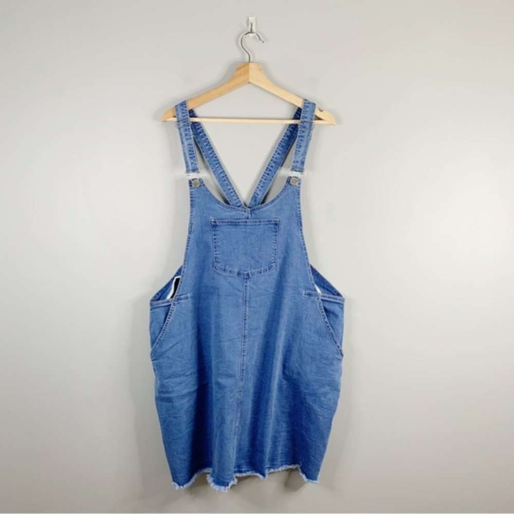 City Chic Womens Denim Overalls Dress Blue Mini Frayed Pockets Skirt M 18 Plus